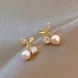 White Pearl CZ Cherry Earrings In Gold